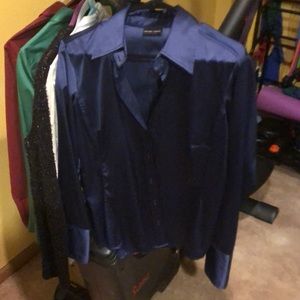 New York and Company, satin stretch, button-down blouse, navy blue medium
